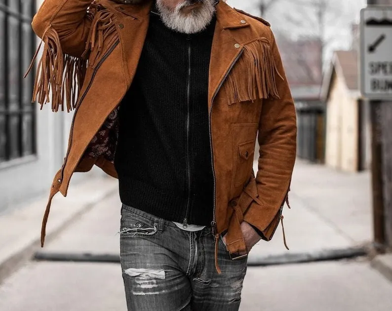 Fringe Suede Leather Belted Jacket Men's Western Style Fringe Jacket Cowboy Fringe Biker Suede Jacket