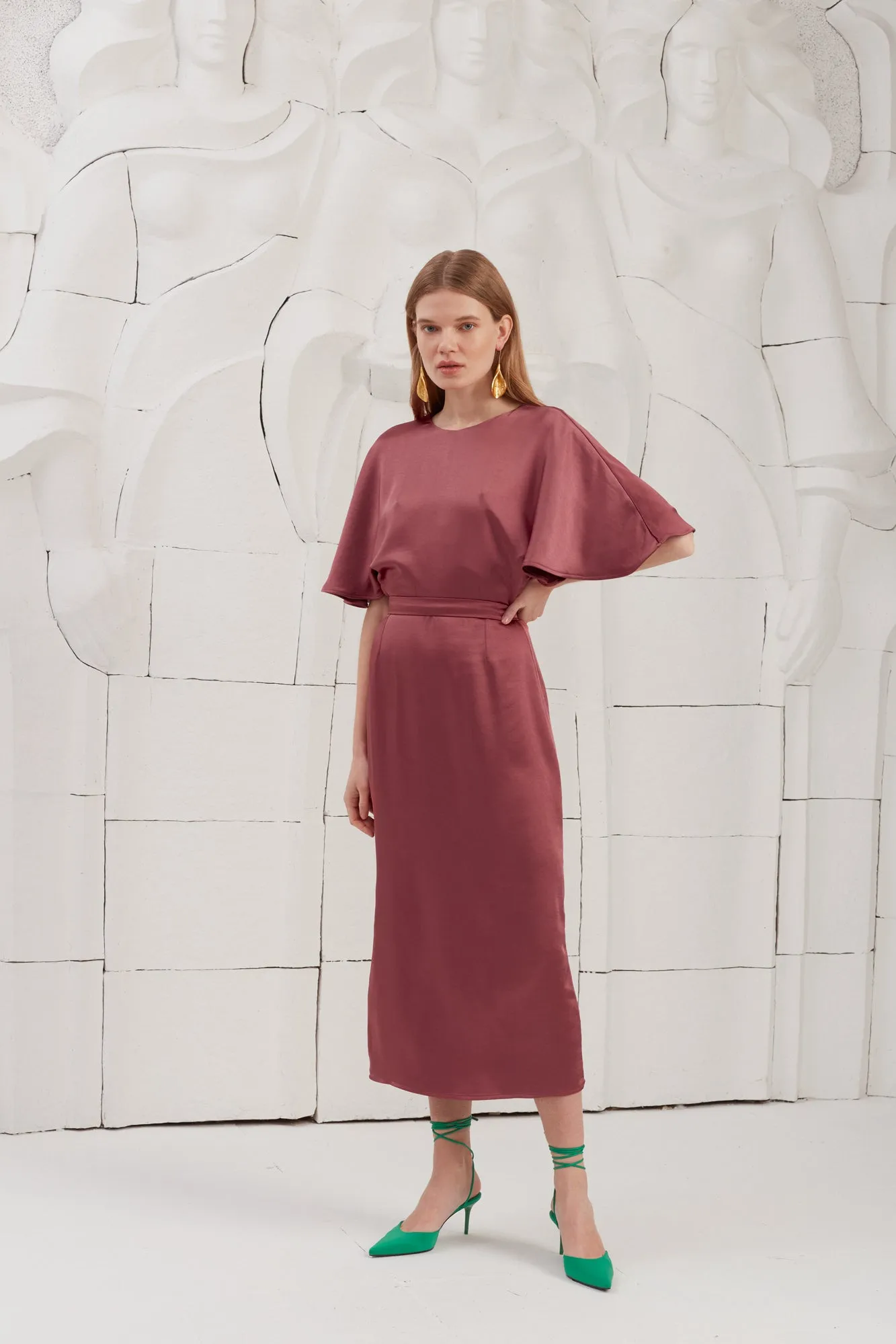 GINA fire brick butterfly sleeve midi dress