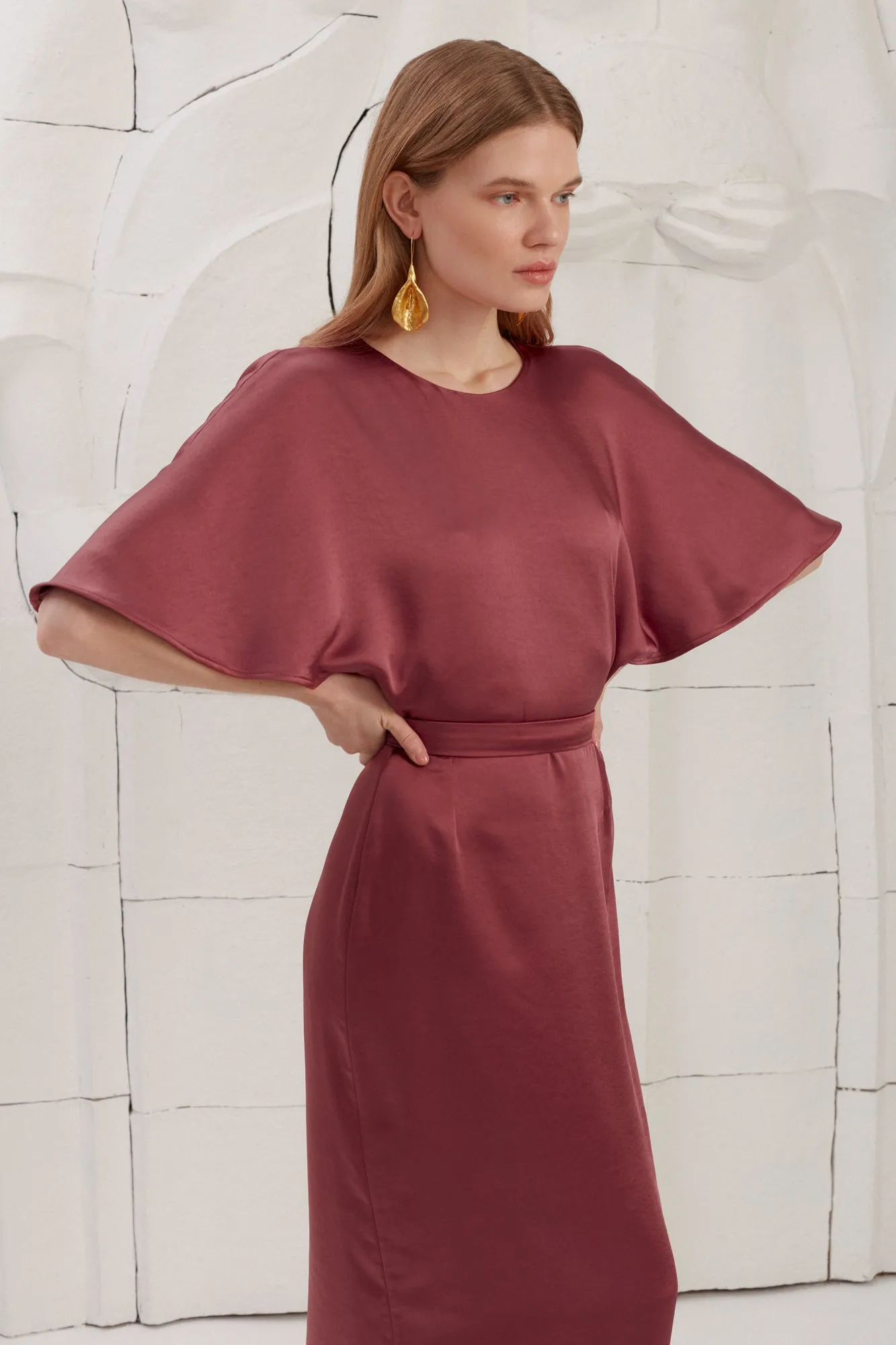 GINA fire brick butterfly sleeve midi dress