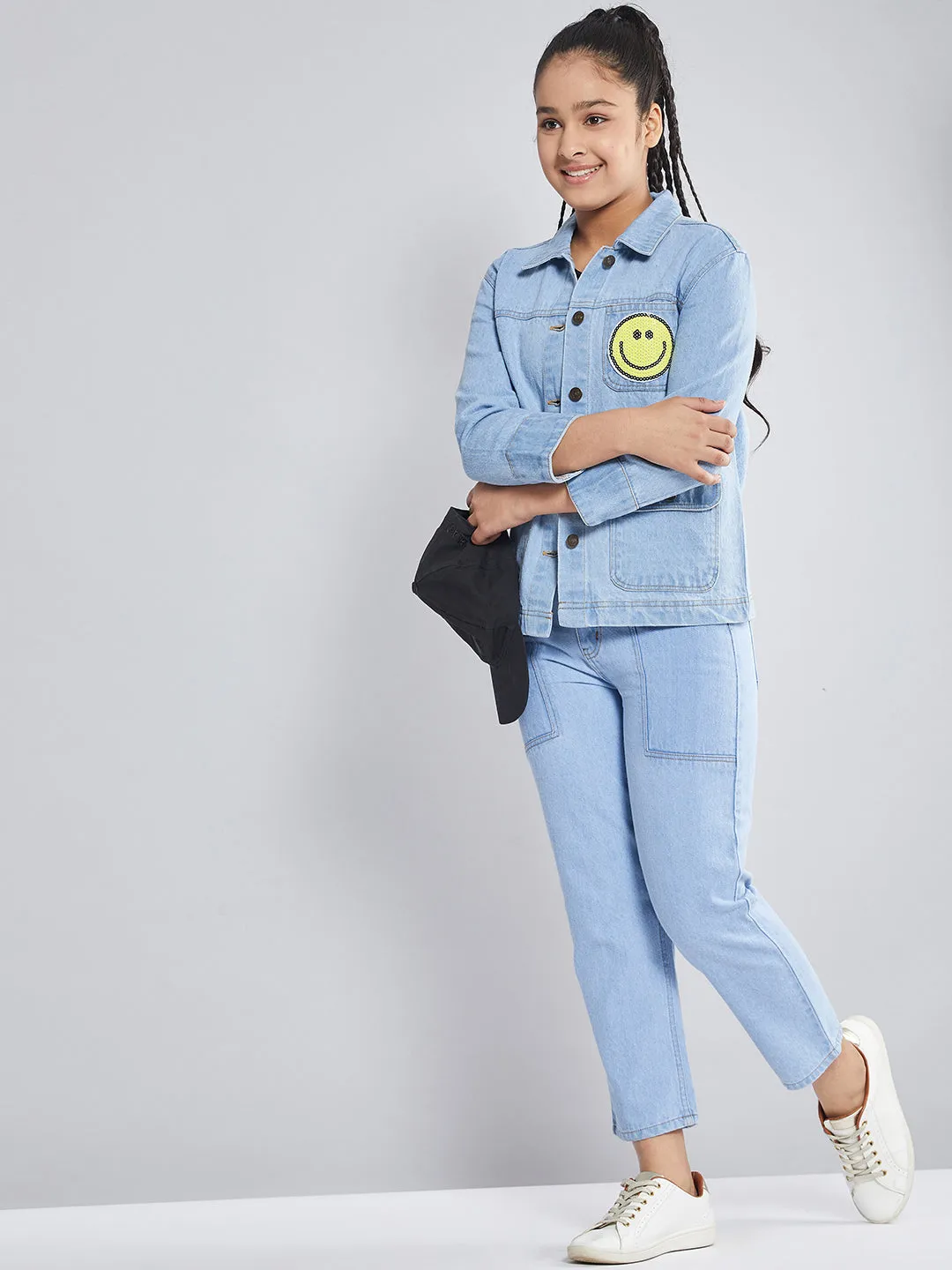 Girls Ice Blue Smiley Patch Denim Jacket