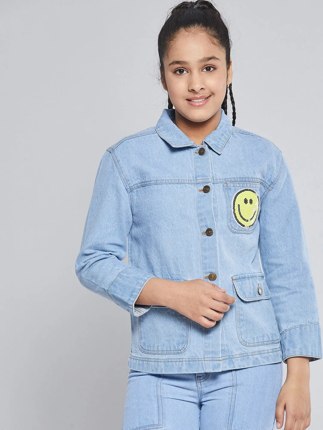 Girls Ice Blue Smiley Patch Denim Jacket