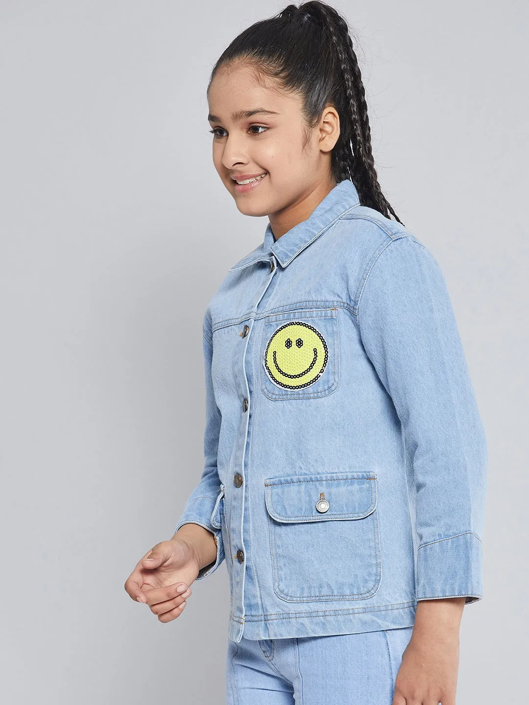 Girls Ice Blue Smiley Patch Denim Jacket