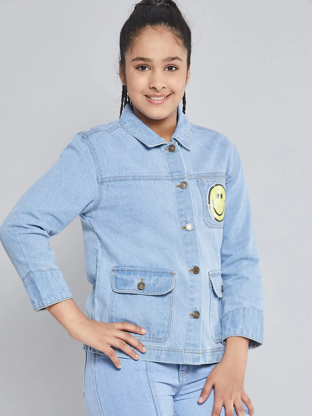 Girls Ice Blue Smiley Patch Denim Jacket