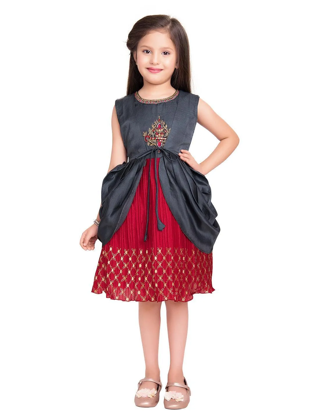 Girls Red & Grey Embroidered Layered Fit & Flare With Jacket Party Wear Frock For Girls