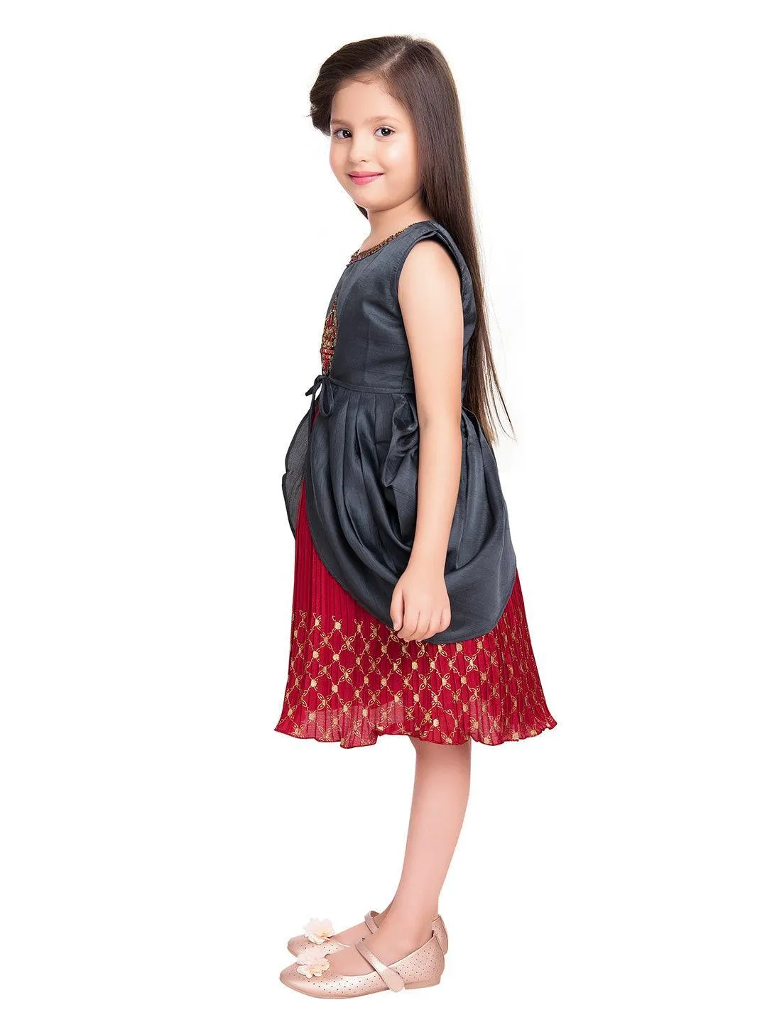 Girls Red & Grey Embroidered Layered Fit & Flare With Jacket Party Wear Frock For Girls