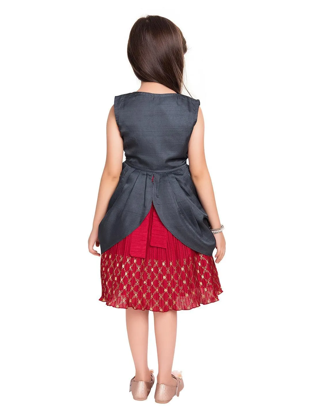 Girls Red & Grey Embroidered Layered Fit & Flare With Jacket Party Wear Frock For Girls