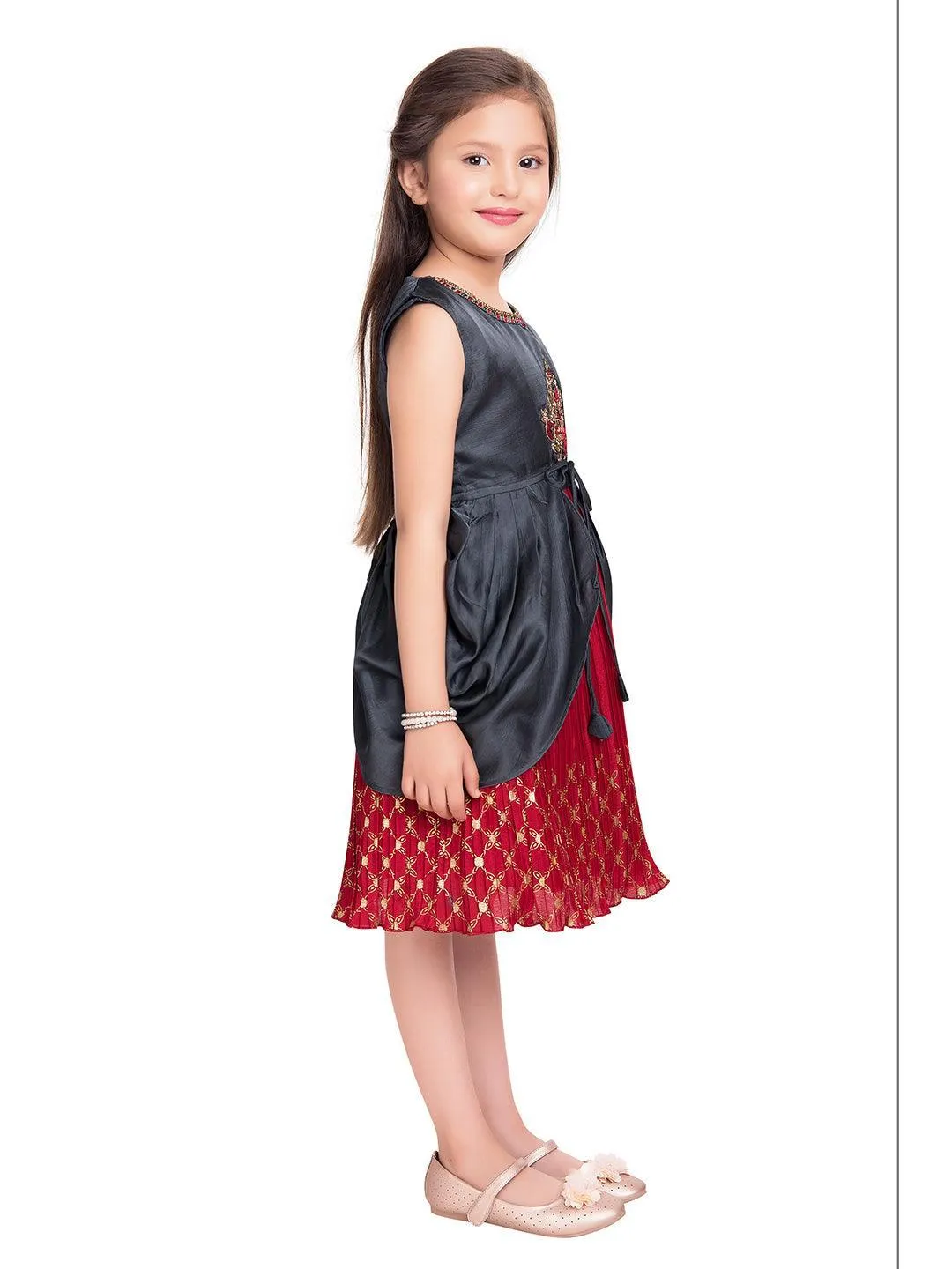 Girls Red & Grey Embroidered Layered Fit & Flare With Jacket Party Wear Frock For Girls