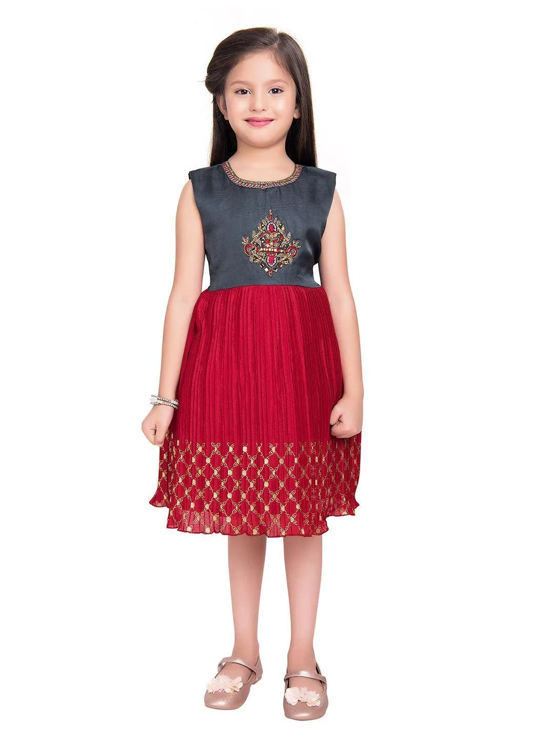 Girls Red & Grey Embroidered Layered Fit & Flare With Jacket Party Wear Frock For Girls