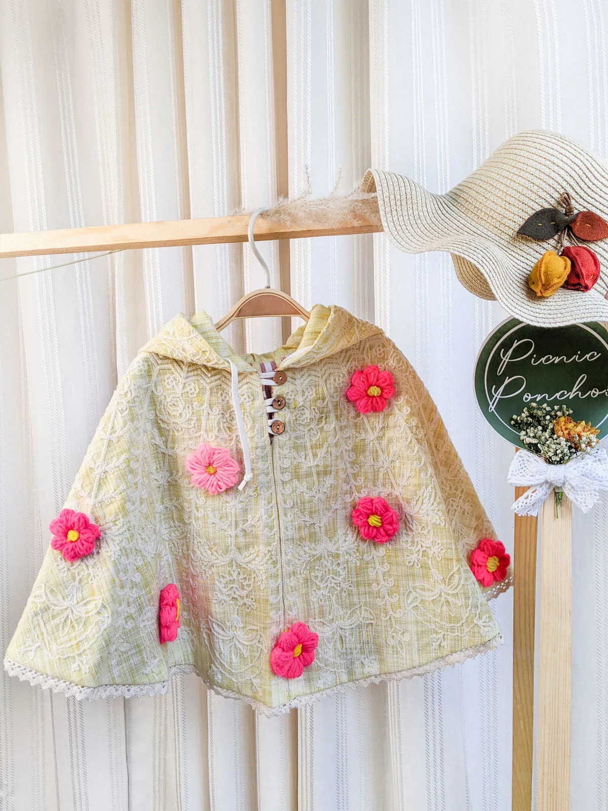 Girl's Yellow Handmade Flower Spring Baby Girl Poncho Top - HALEMONS