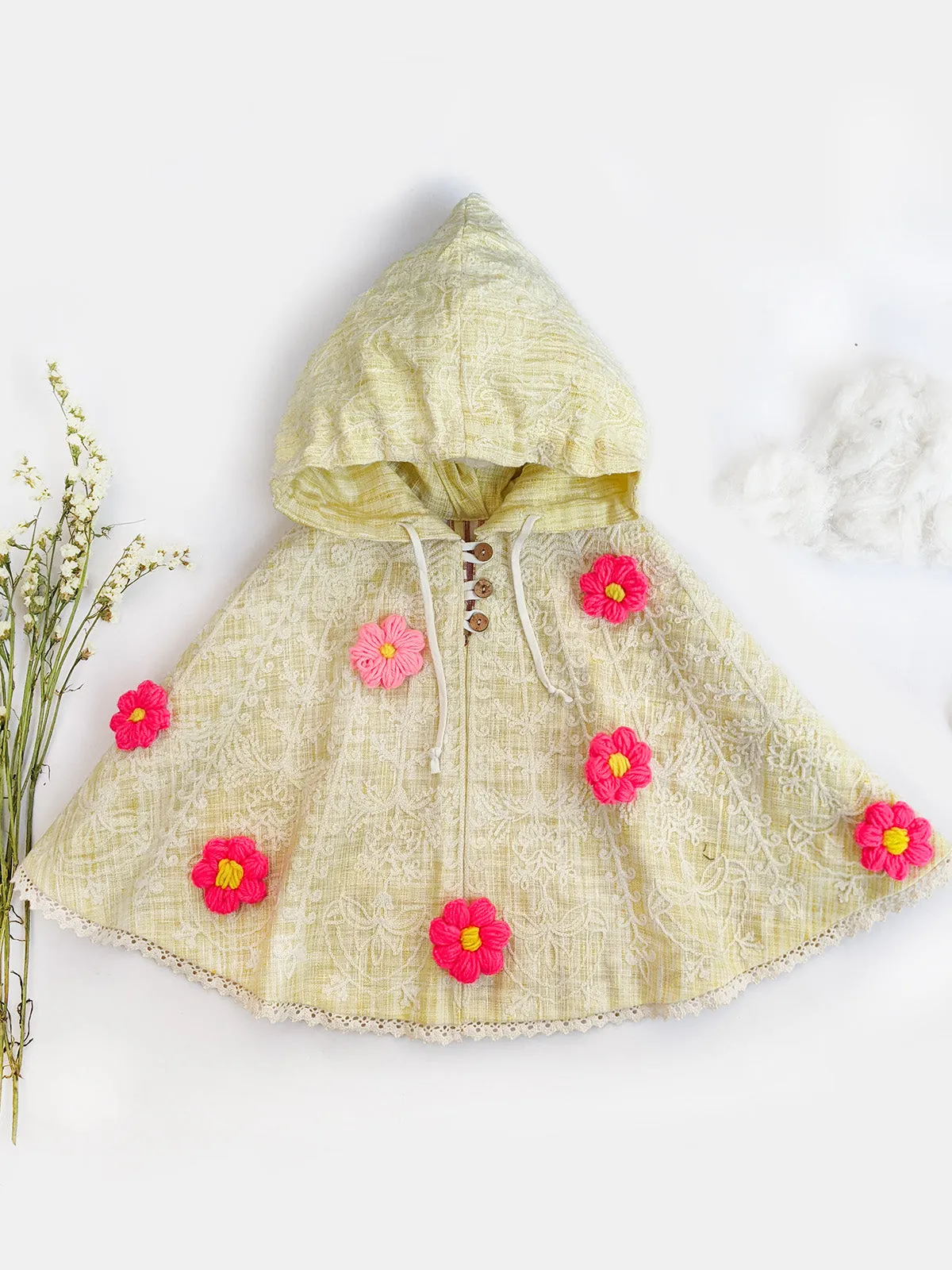 Girl's Yellow Handmade Flower Spring Baby Girl Poncho Top - HALEMONS