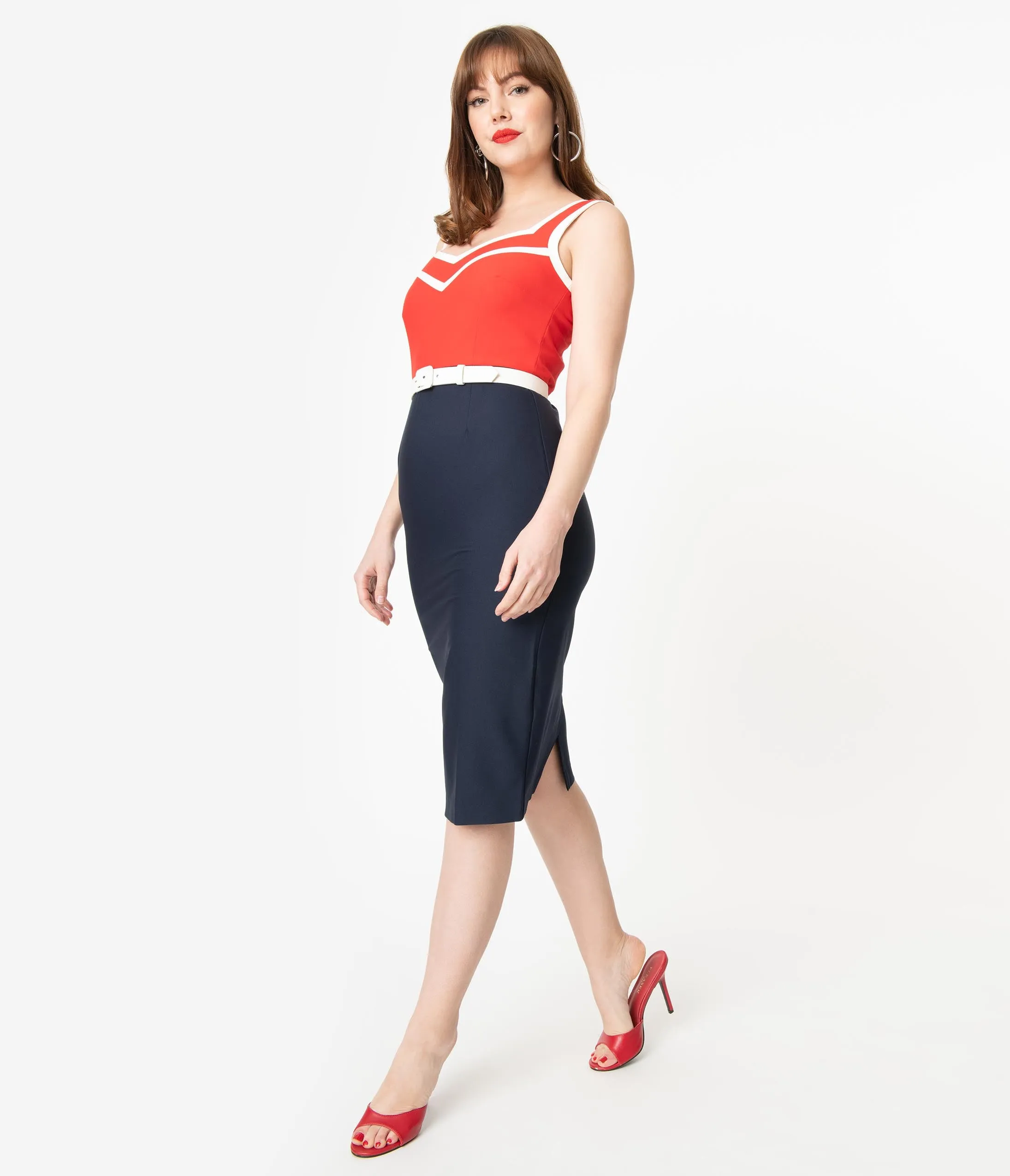 Glamour Bunny 1950s Red & Navy Barbara Pencil Dress