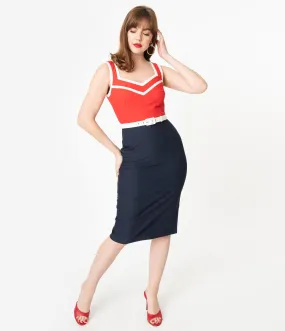 Glamour Bunny 1950s Red & Navy Barbara Pencil Dress