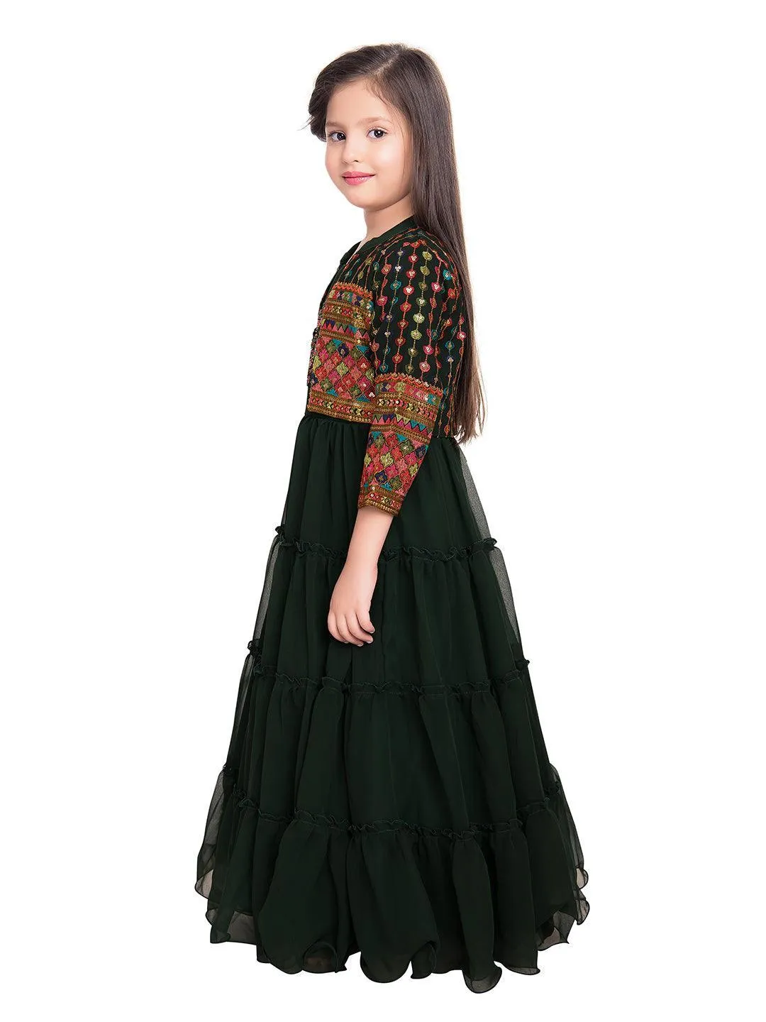 Green Georgette Embroidered Maxi Fit & Flared Dress With Embellished Jacket Styled Gown For Girls