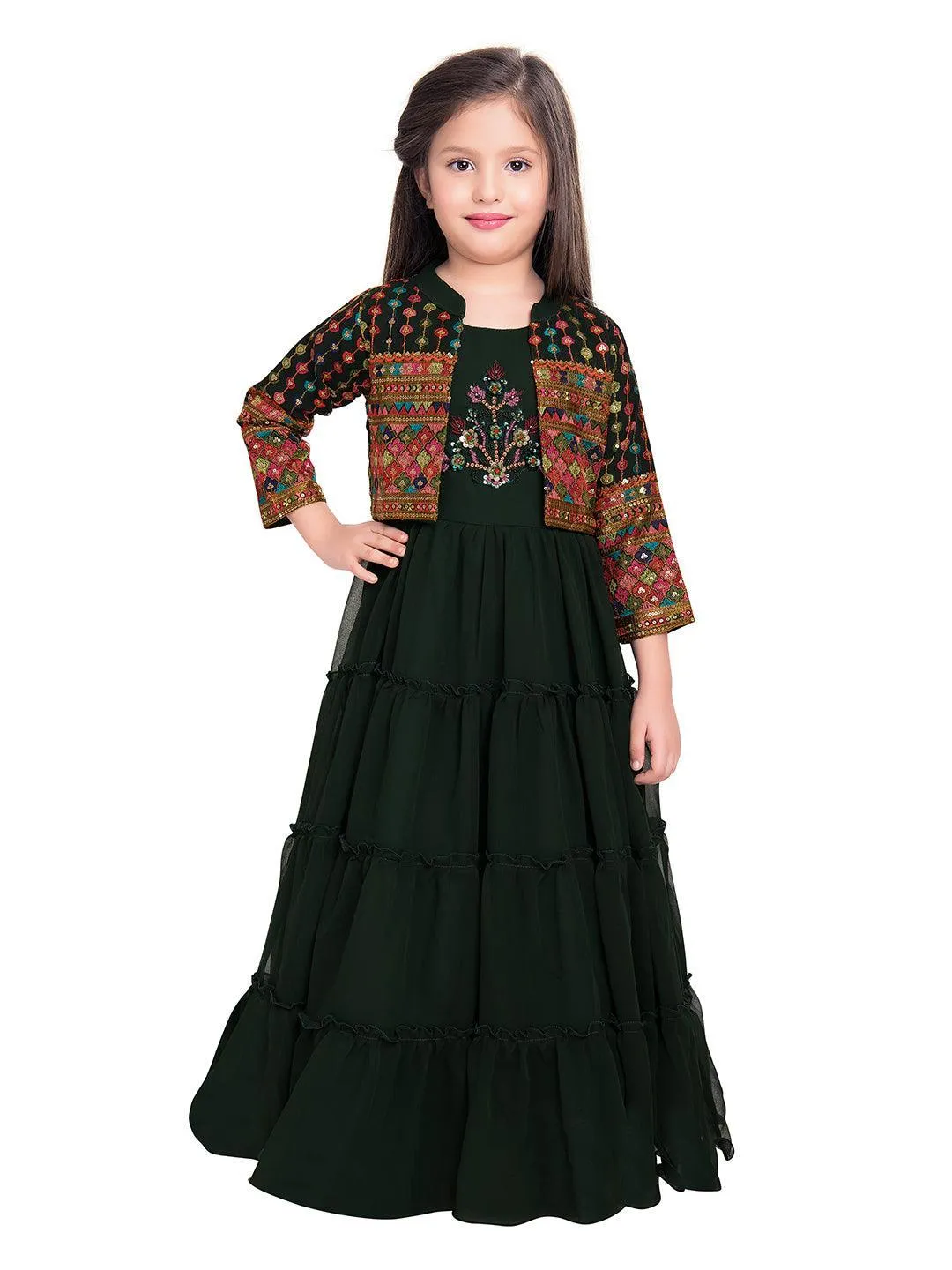 Green Georgette Embroidered Maxi Fit & Flared Dress With Embellished Jacket Styled Gown For Girls