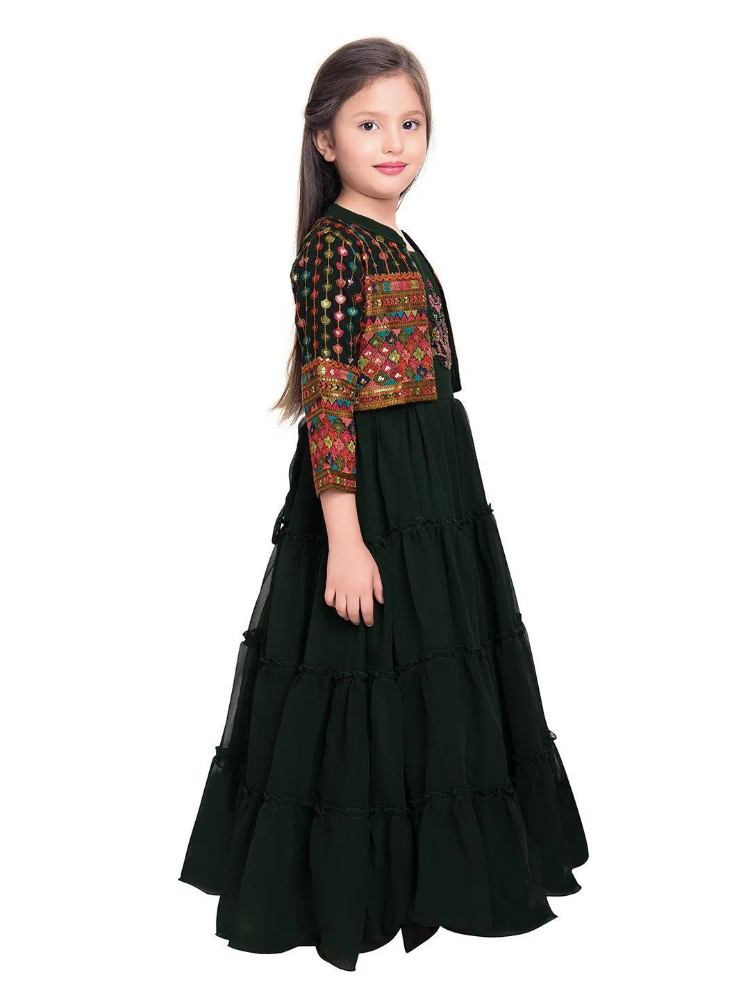 Green Georgette Embroidered Maxi Fit & Flared Dress With Embellished Jacket Styled Gown For Girls