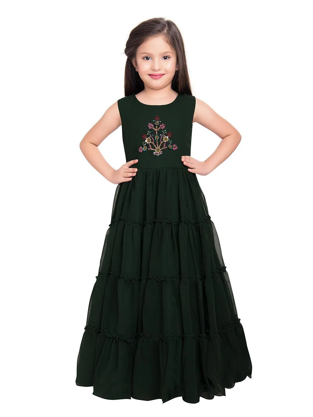 Green Georgette Embroidered Maxi Fit & Flared Dress With Embellished Jacket Styled Gown For Girls