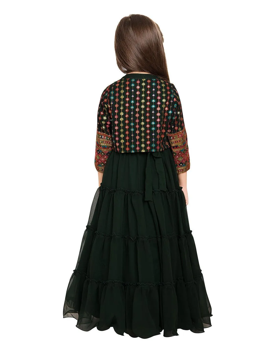 Green Georgette Embroidered Maxi Fit & Flared Dress With Embellished Jacket Styled Gown For Girls