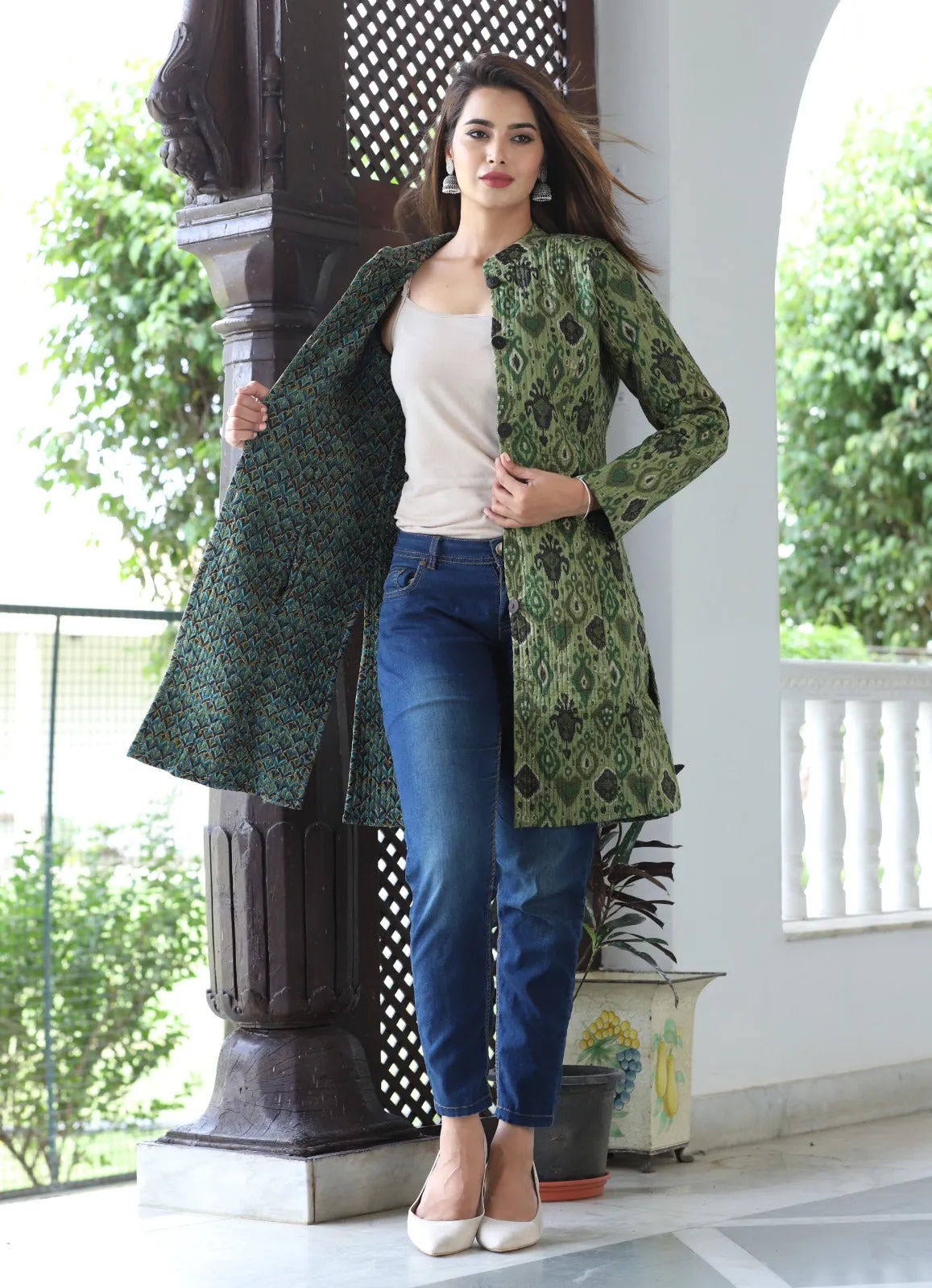 Handmade Women's Quilted Cotton Jacket Green Flower Print - Long Sleeve Bohemian Winter Wear Floral Reversible Coat