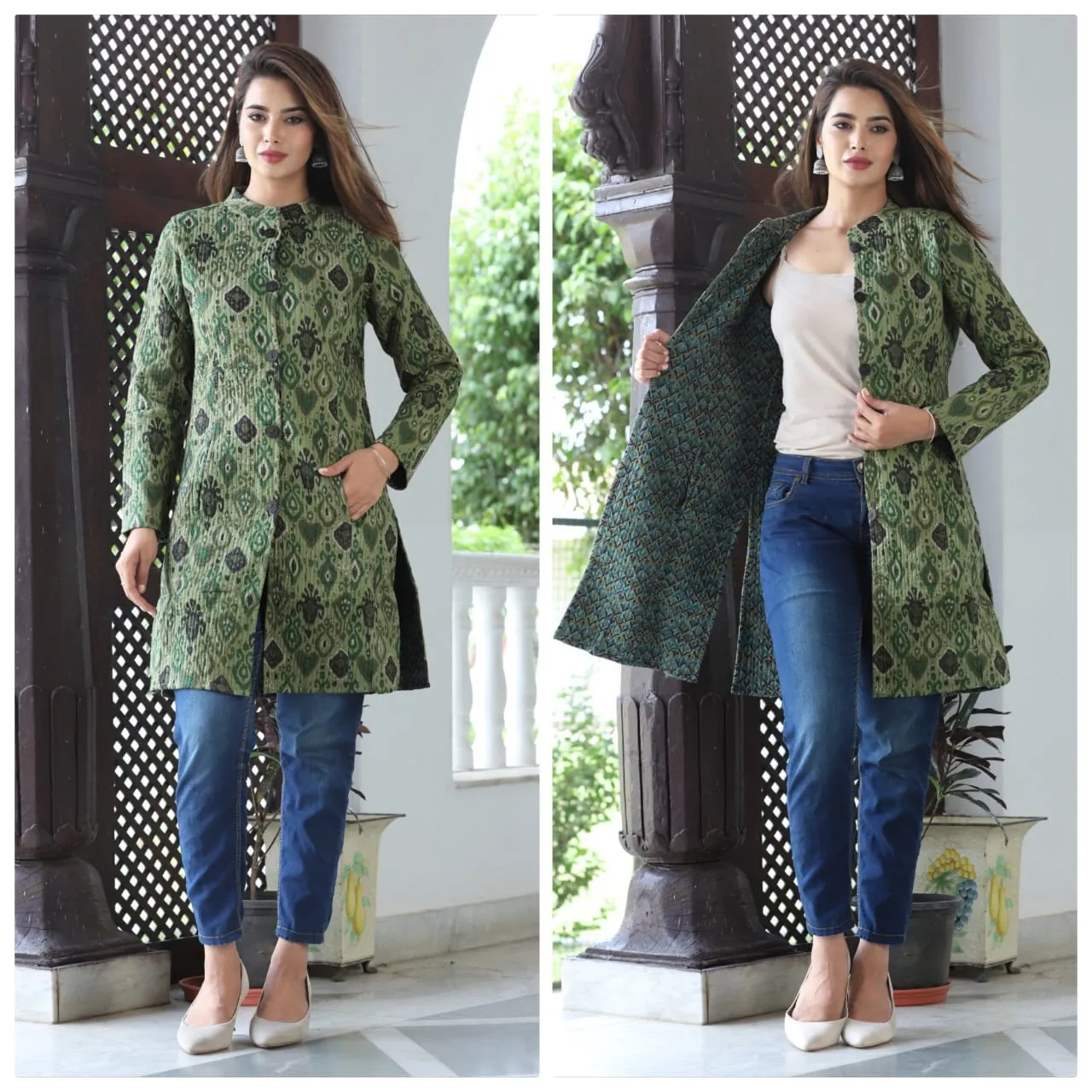 Handmade Women's Quilted Cotton Jacket Green Flower Print - Long Sleeve Bohemian Winter Wear Floral Reversible Coat