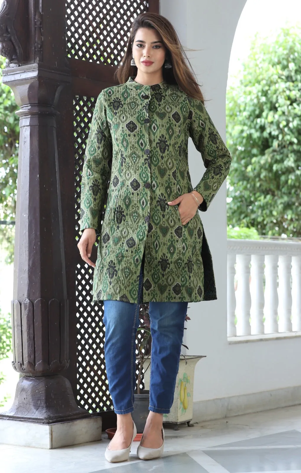 Handmade Women's Quilted Cotton Jacket Green Flower Print - Long Sleeve Bohemian Winter Wear Floral Reversible Coat