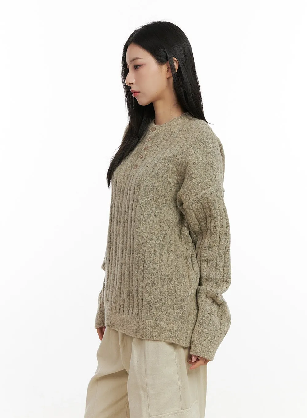 Henley Neck Long Sleeve Sweater CN416