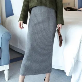 High Quality Woolen Slim Belt Office Midi Skirt