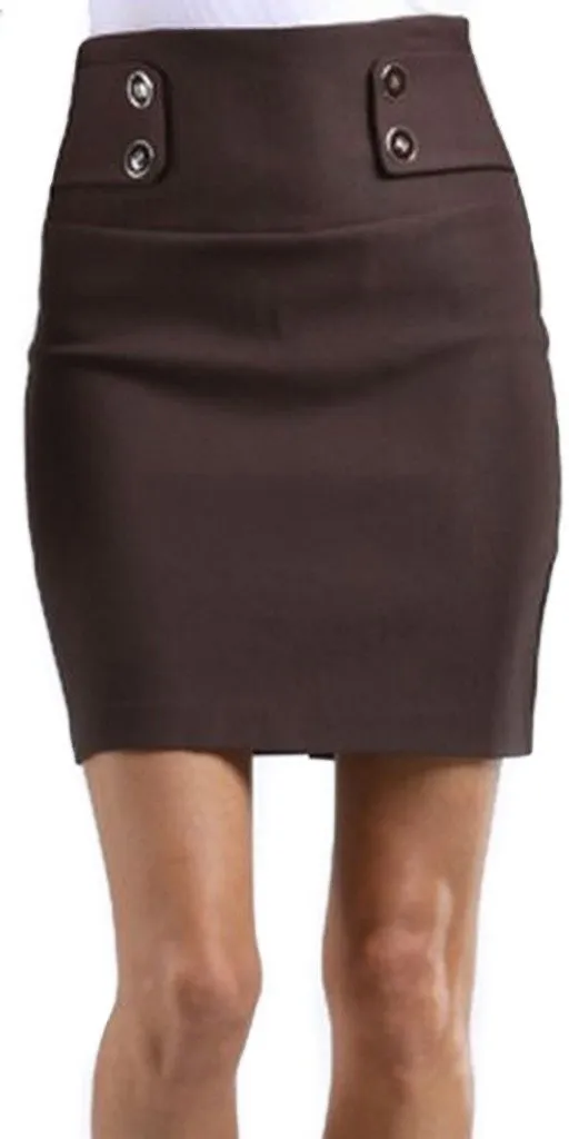 High Waist Stretch Pencil Skirt with Button Detail