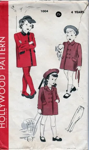 Hollywood 1004 Little Girls Double Breasted Coat Leggings Toddler Vintage 1940's Sewing Pattern