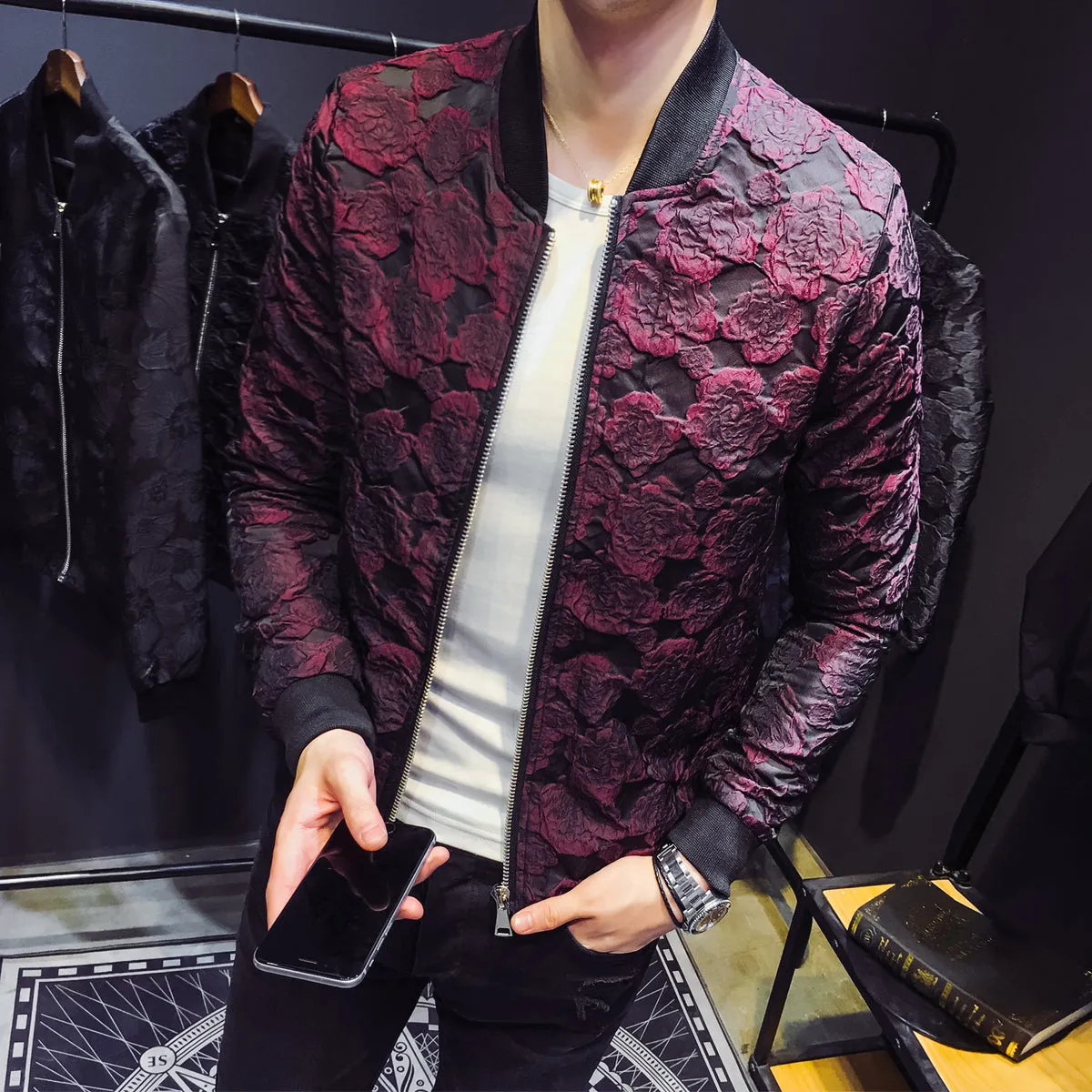 Jacquard Floral Men Slim fit Bomber Jackets