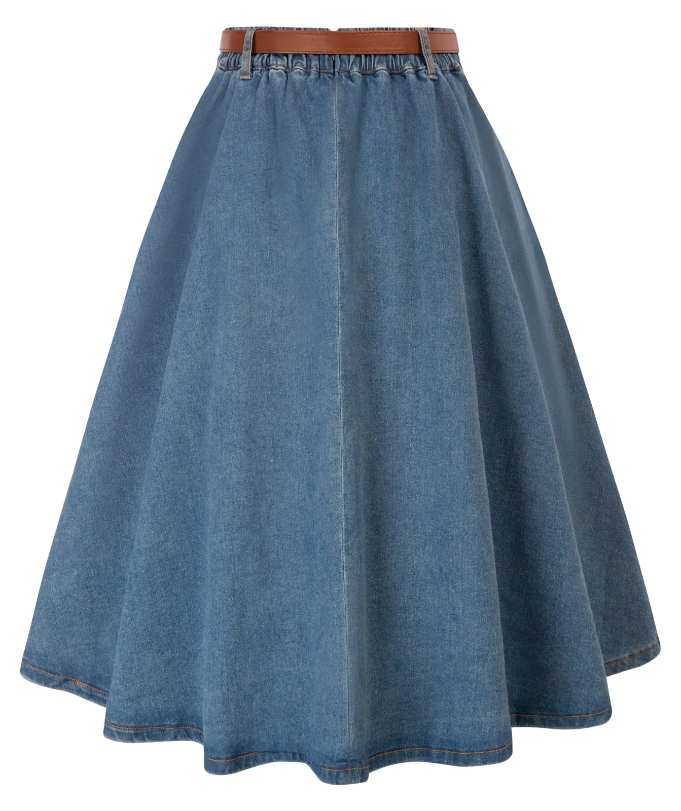 Jean Skirt with Belt Elastic High Waist A-Line Midi Skirt