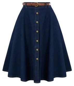 Jean Skirt with Belt Elastic High Waist A-Line Midi Skirt