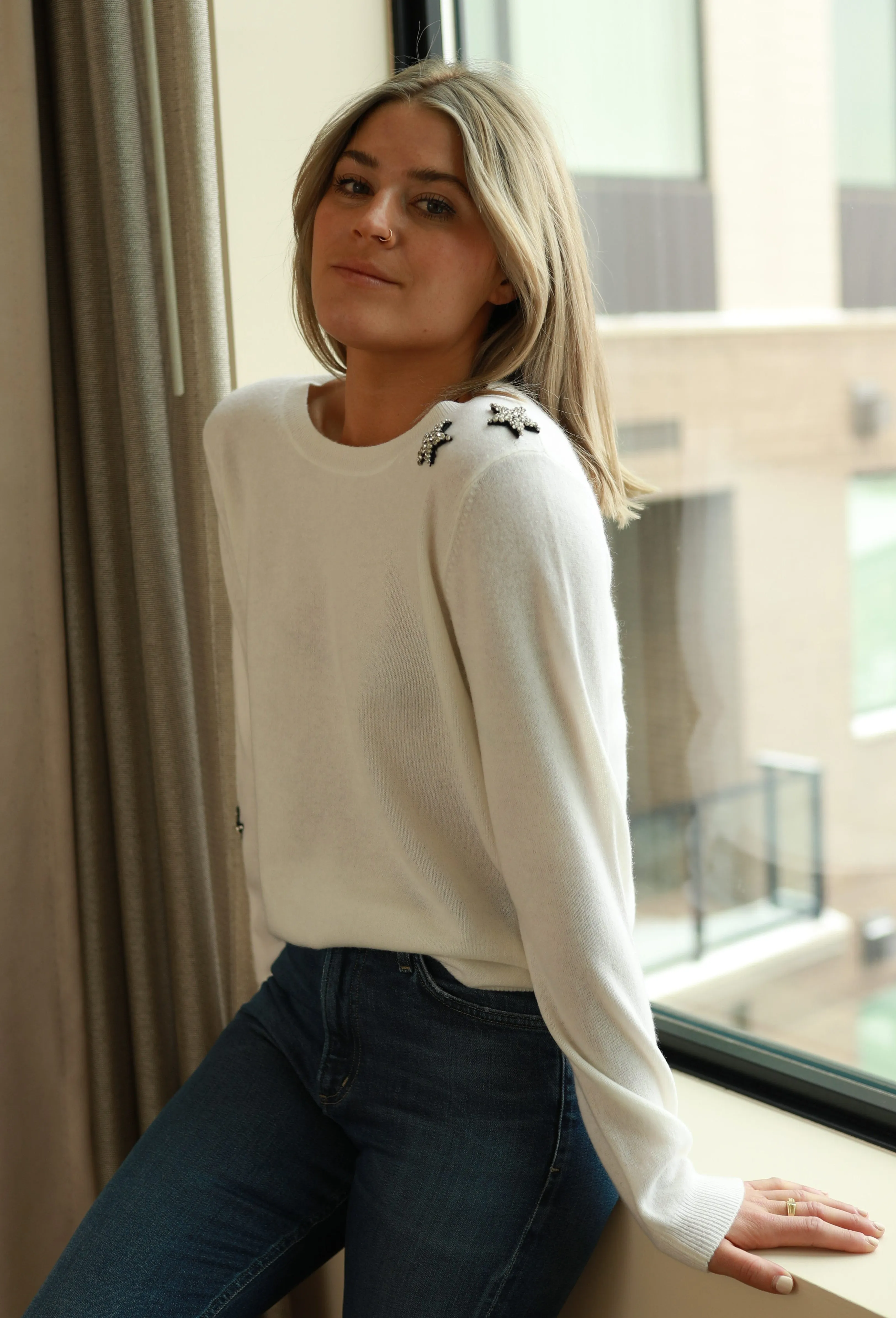 Jewel Neck Sweater - Embroidered