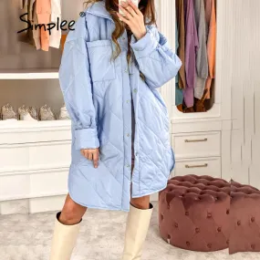 Joskaa Elegant loose plaid pocket women's parka blue Office split lapel ladies long coat winter Casual za fashion quilted coats