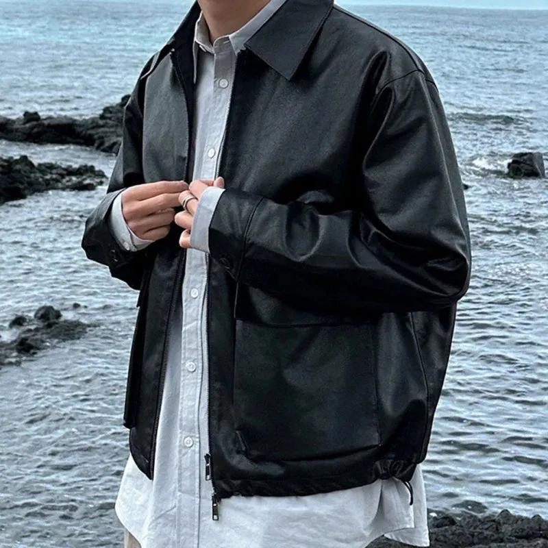 Lapel Men PU Leather Jackets Worn Out Large Pocket Solid Color Baggy Male Short Coats High Street Spring Stylish 9C4610