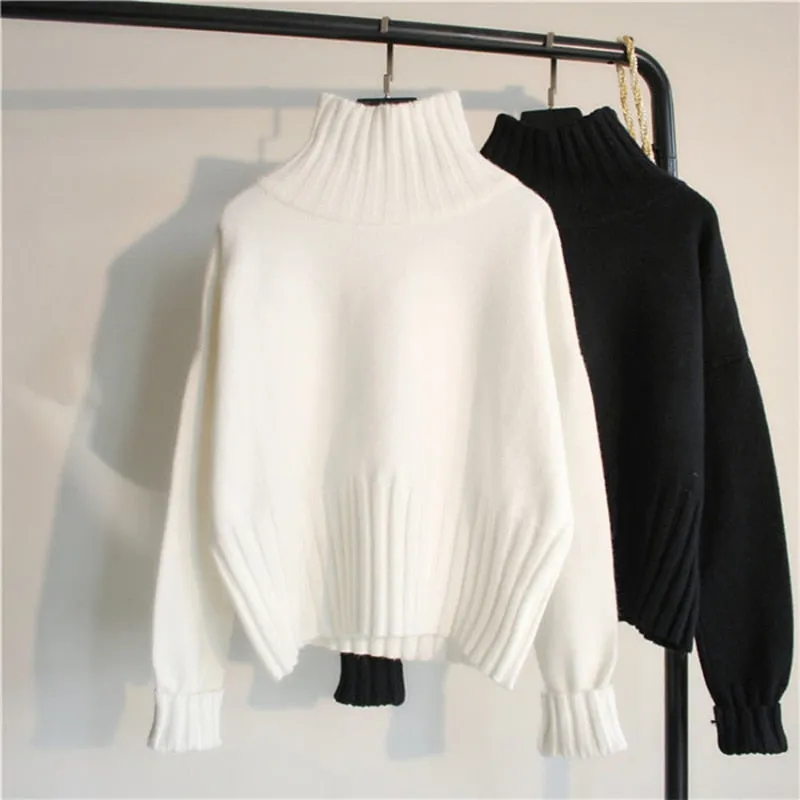 Large Size Women Turtleneck Pullover Sweater Autumn Winter Loose Knitted Jumper Thick Long Sleeve Black White Sweater Coat