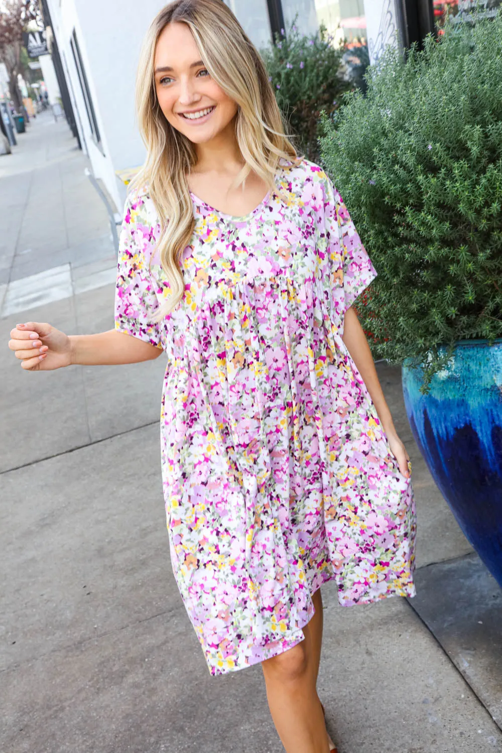 Lavender Floral Drop Shoulder Midi Tunic Dress