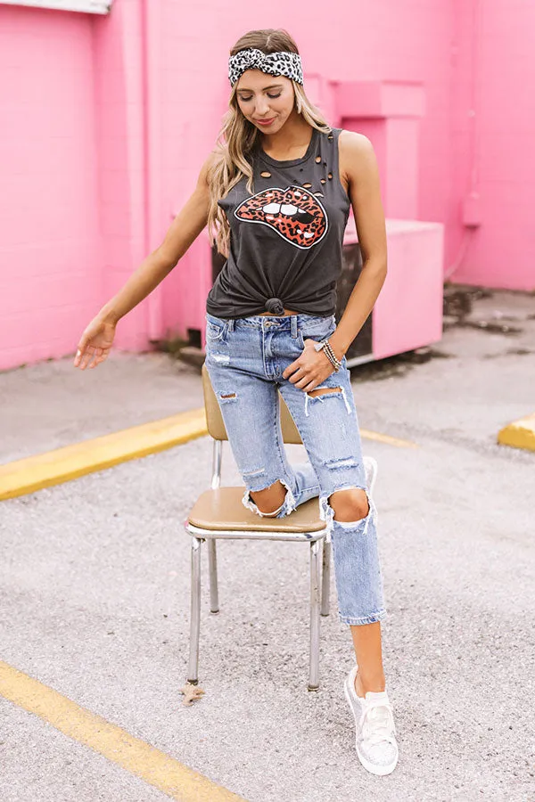 Leopard Lips Distressed Boyfriend Tank In Black