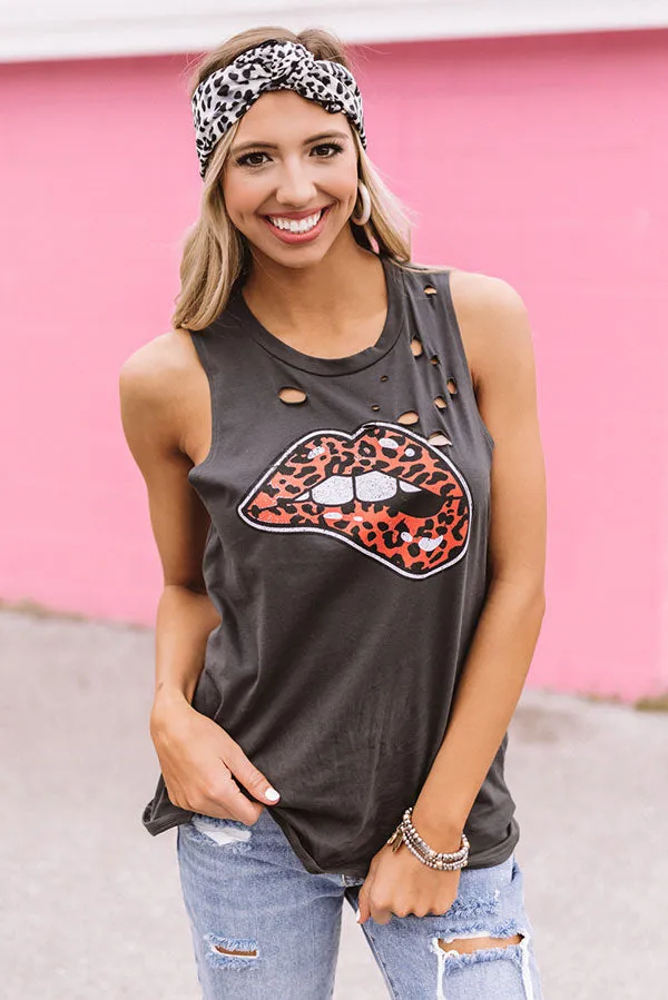 Leopard Lips Distressed Boyfriend Tank In Black