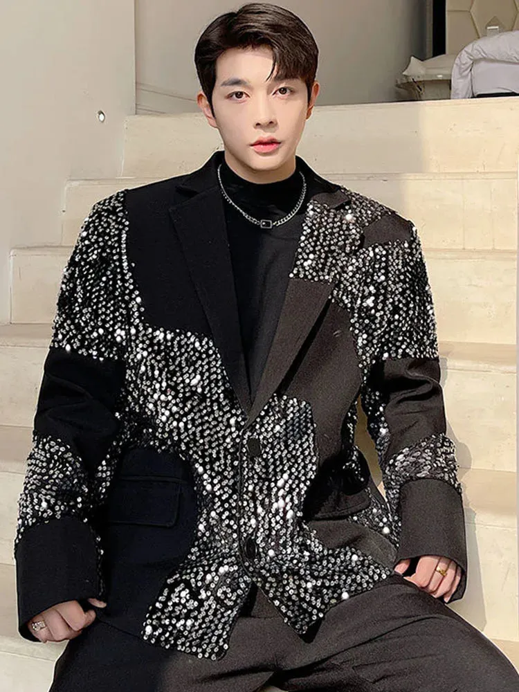 Luxury Sequins Decoration Suit Coat New Turndown Necklong Sleeve Men's Personality Design Korean Loose Fashion 9A1927