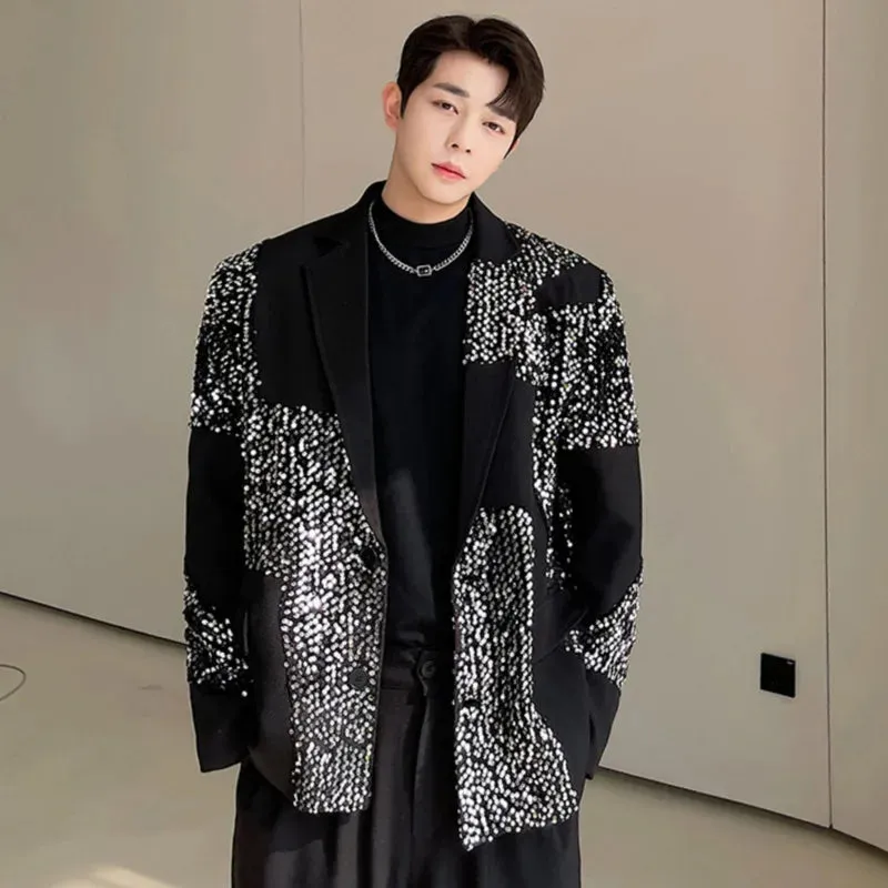 Luxury Sequins Decoration Suit Coat New Turndown Necklong Sleeve Men's Personality Design Korean Loose Fashion 9A1927