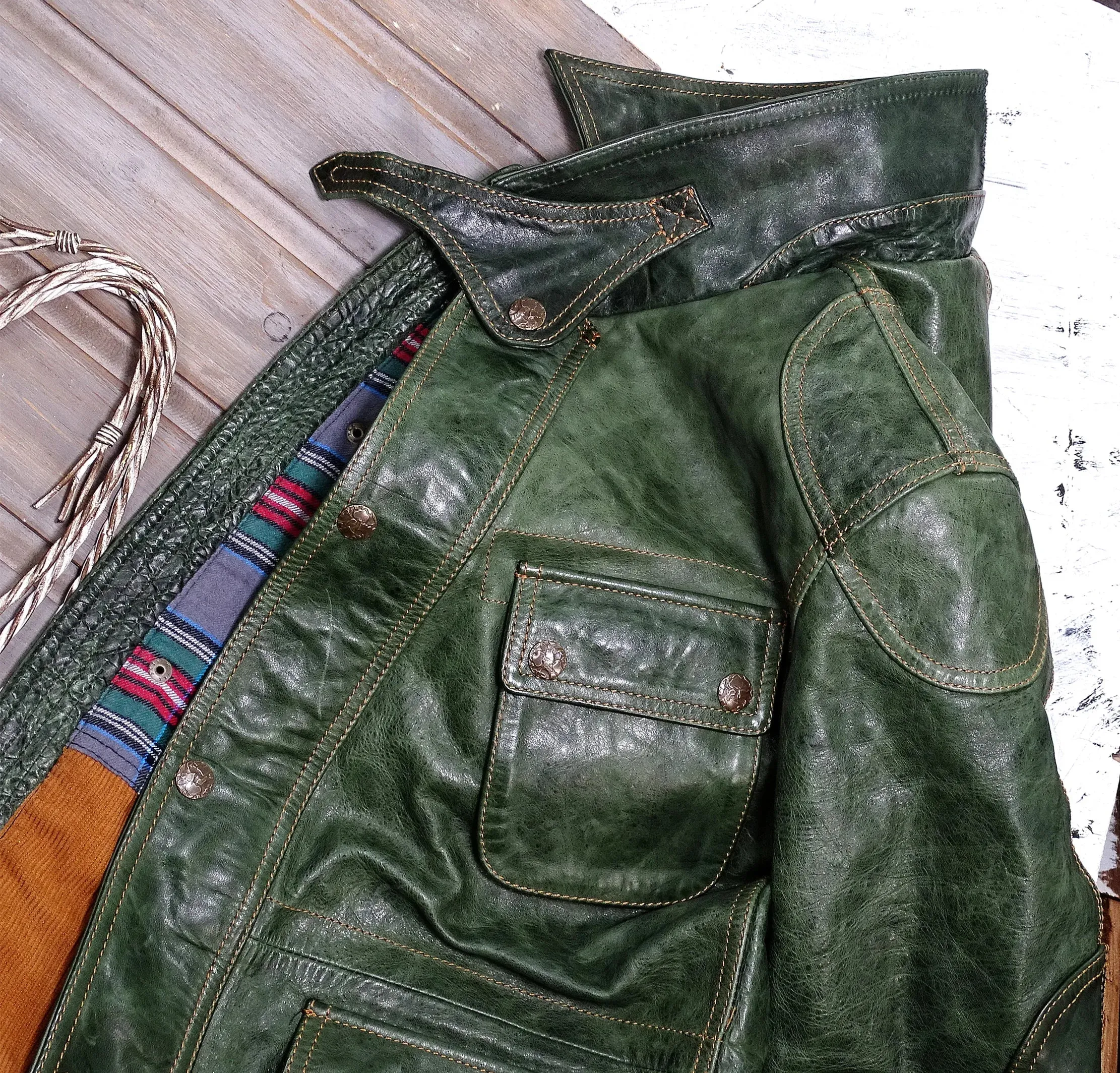 M65 Leather Jacket for Men Horsehide Slim Fit Multi-pockets Retro Casual Safari Coat