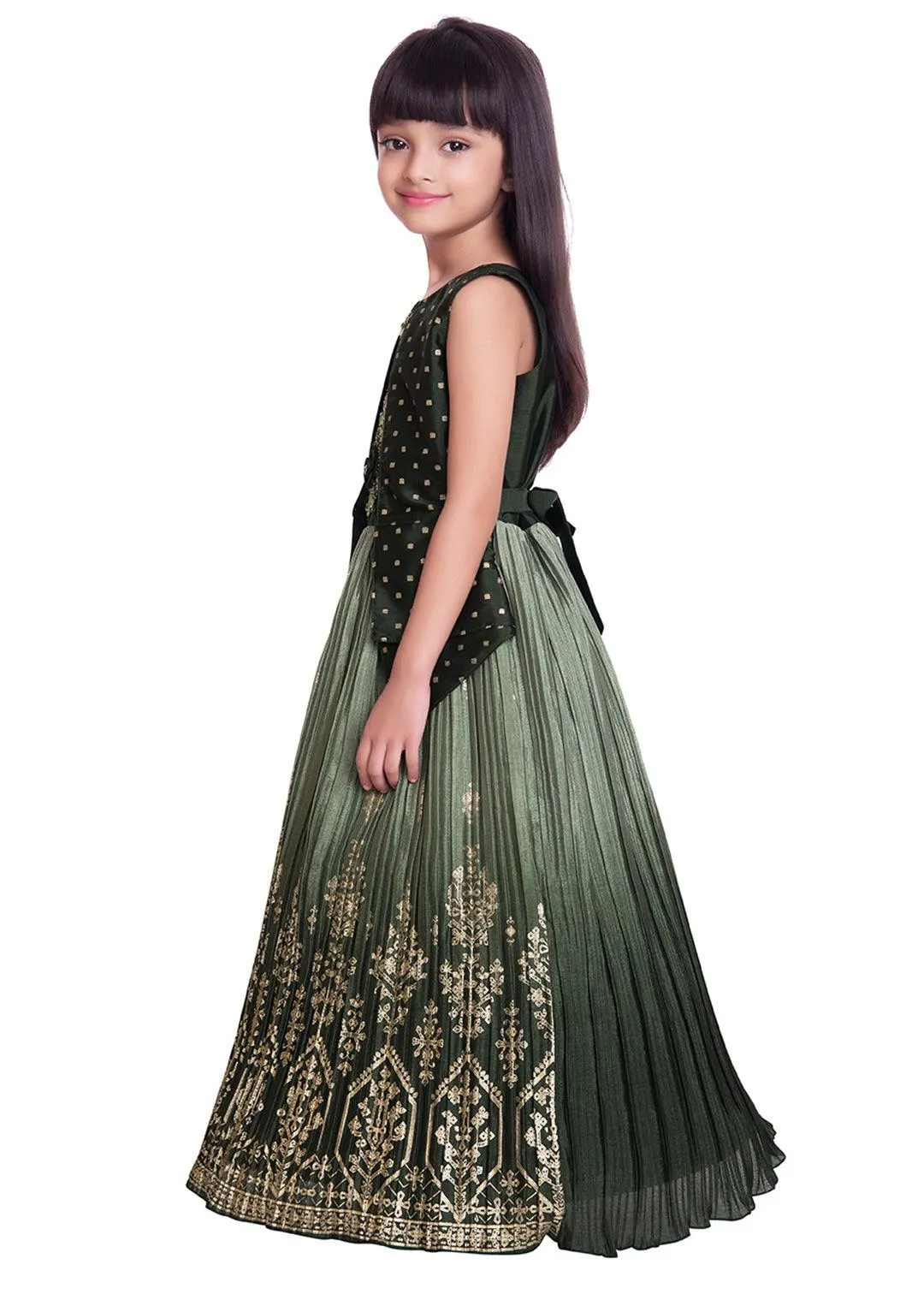 Mahendi Coloured Embellished Jacket Styled Chinon Gown For Girls