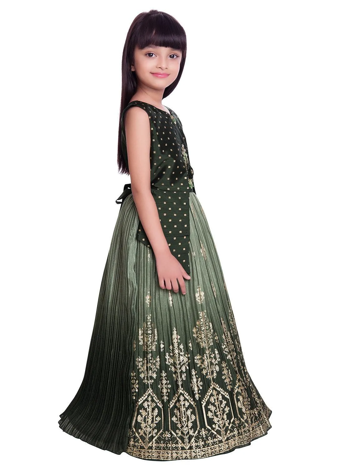 Mahendi Coloured Embellished Jacket Styled Chinon Gown For Girls