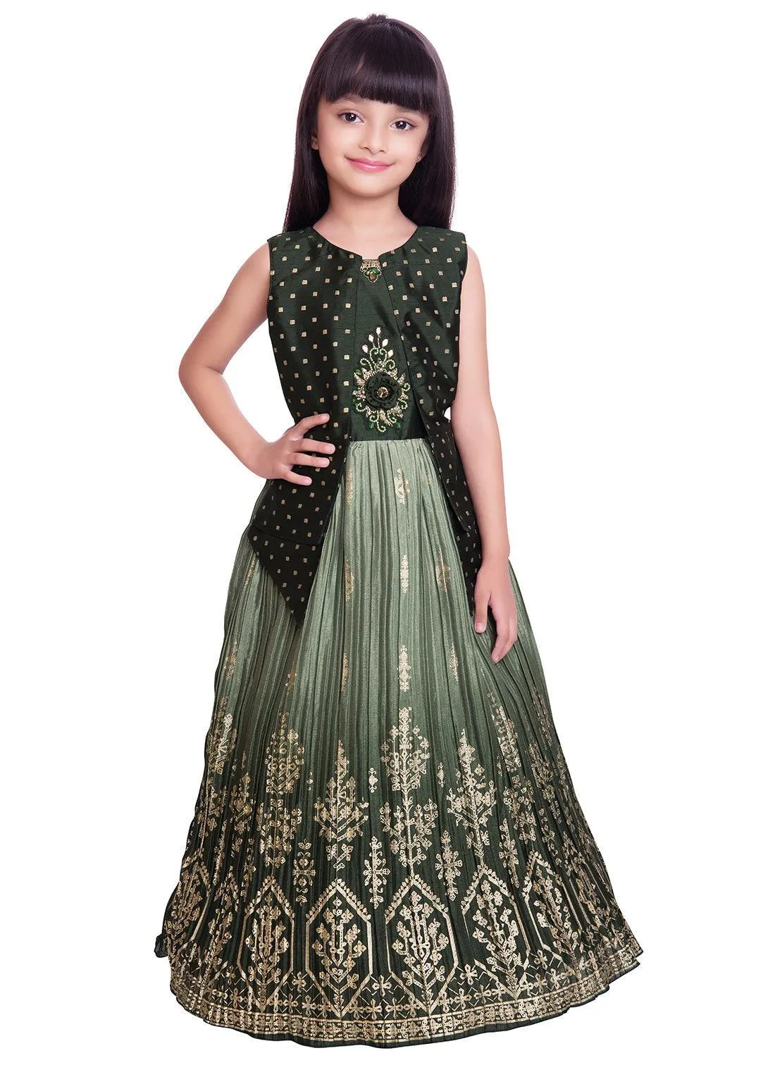 Mahendi Coloured Embellished Jacket Styled Chinon Gown For Girls