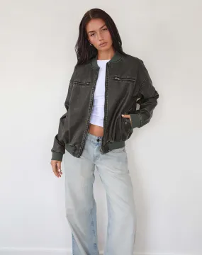 Marco Distressed Bomber Jacket in PU Charcoal