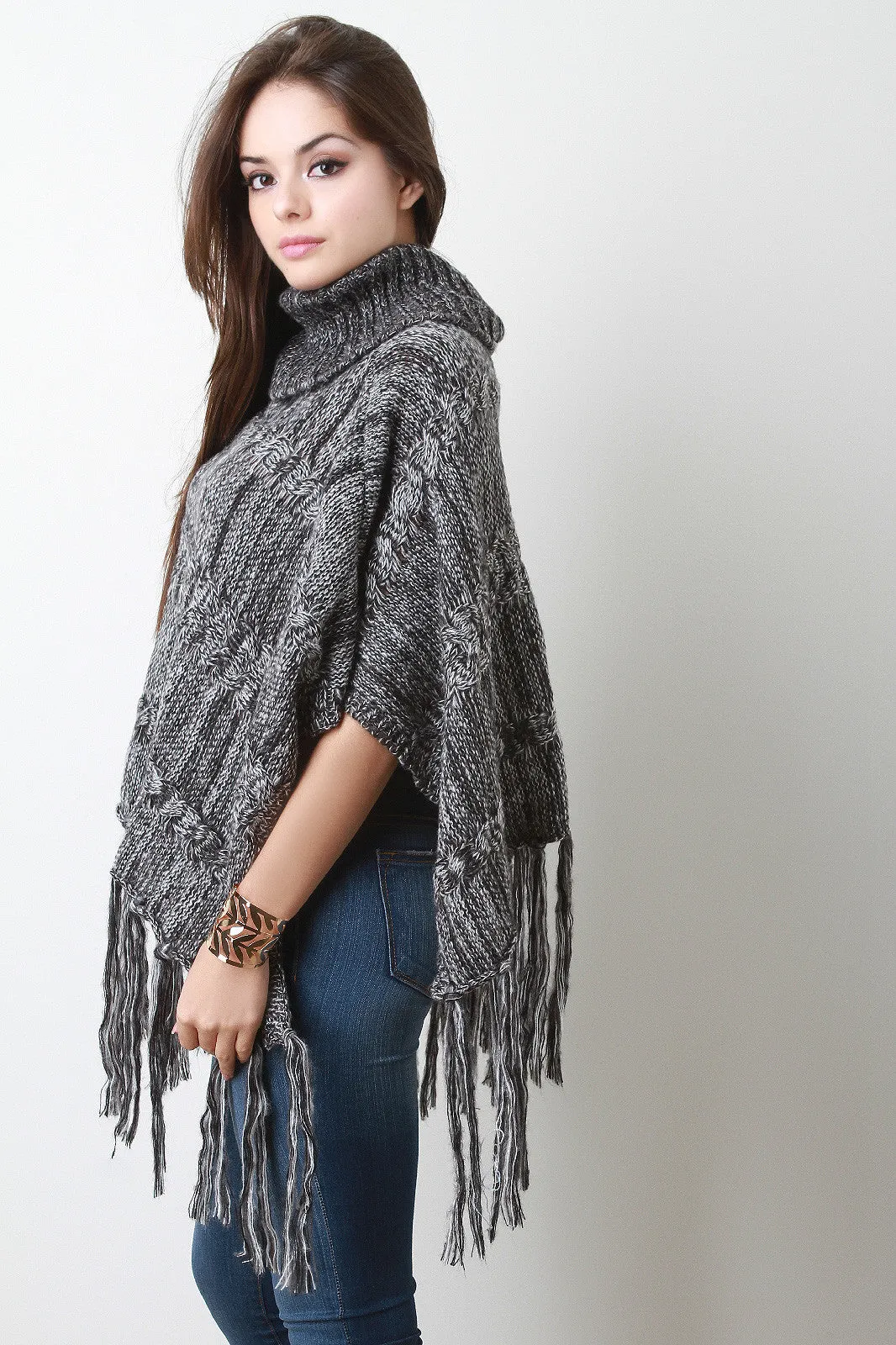 Marled Cable Knit Turtleneck Tassel Hem Poncho