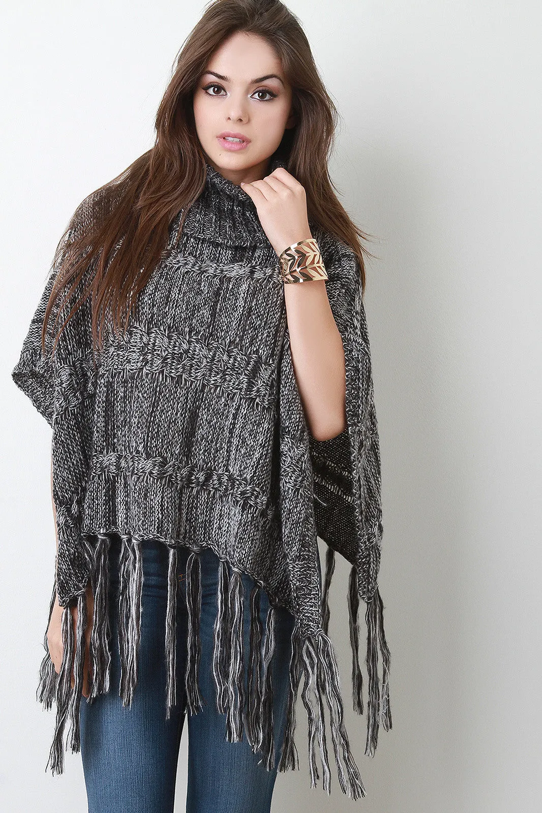 Marled Cable Knit Turtleneck Tassel Hem Poncho