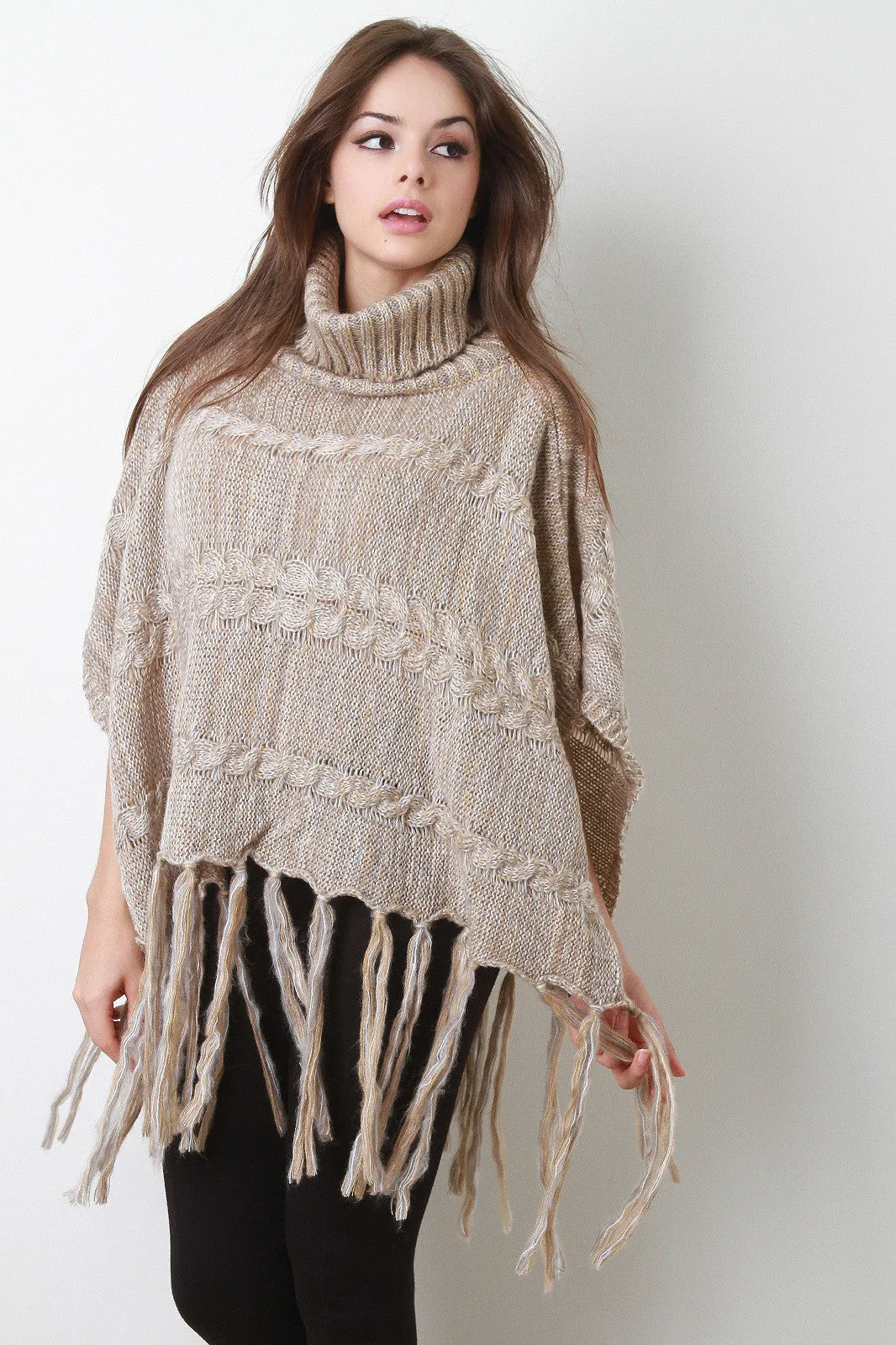 Marled Cable Knit Turtleneck Tassel Hem Poncho