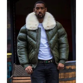 Men V Bomber Leather Jacket Money Green And Off White Fur