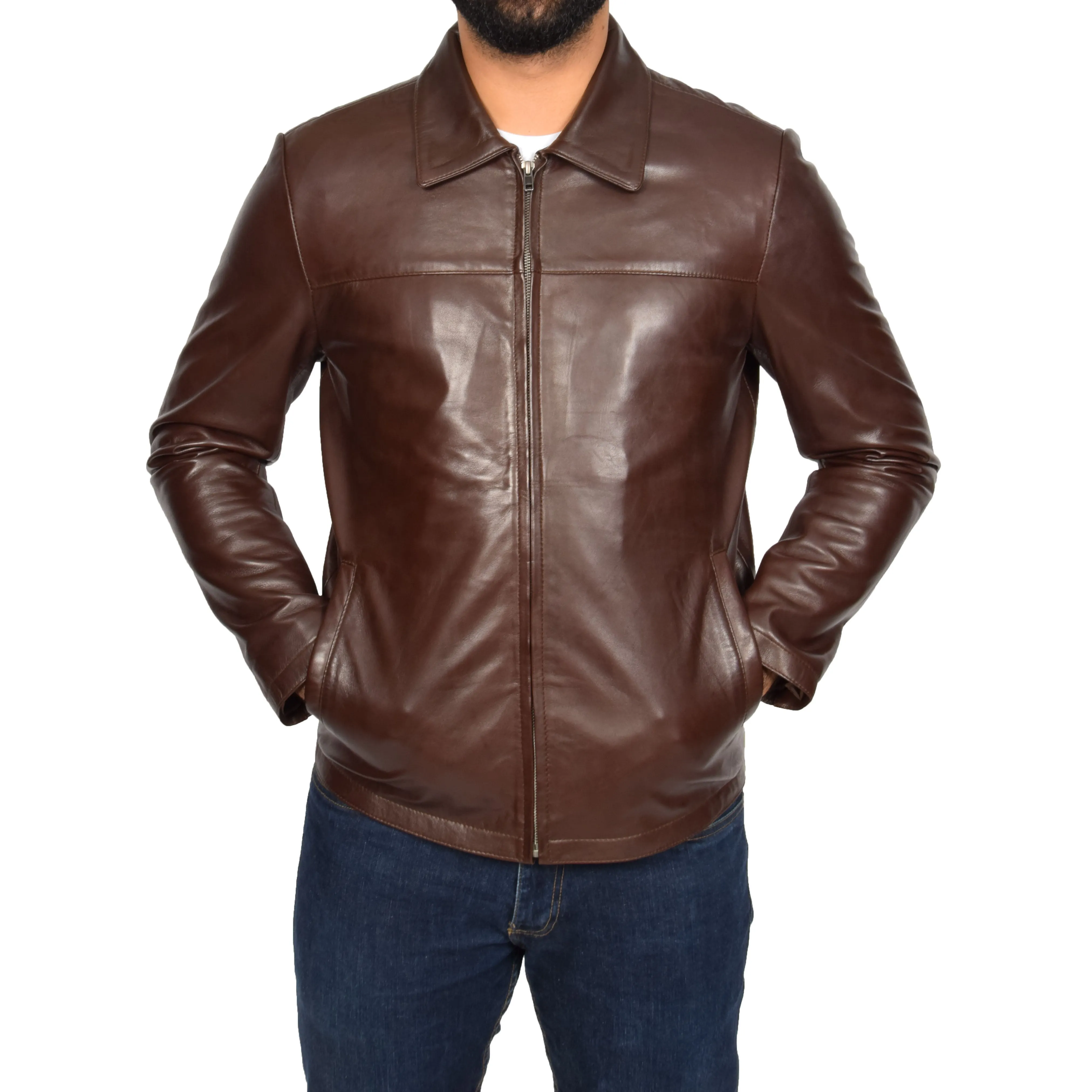 Mens Classic Zip Fasten Box Leather Jacket Tony Brown